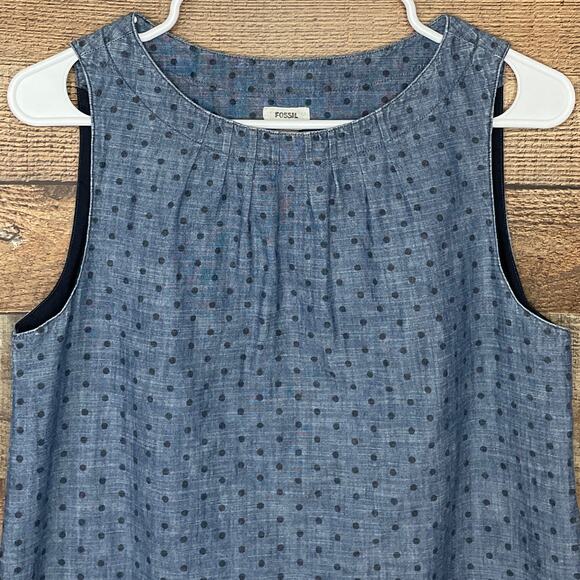 Fossil Blue Denim Sleeveless Shift Dress Navy Blue Polka Dot Size Small - Picture 2 of 8